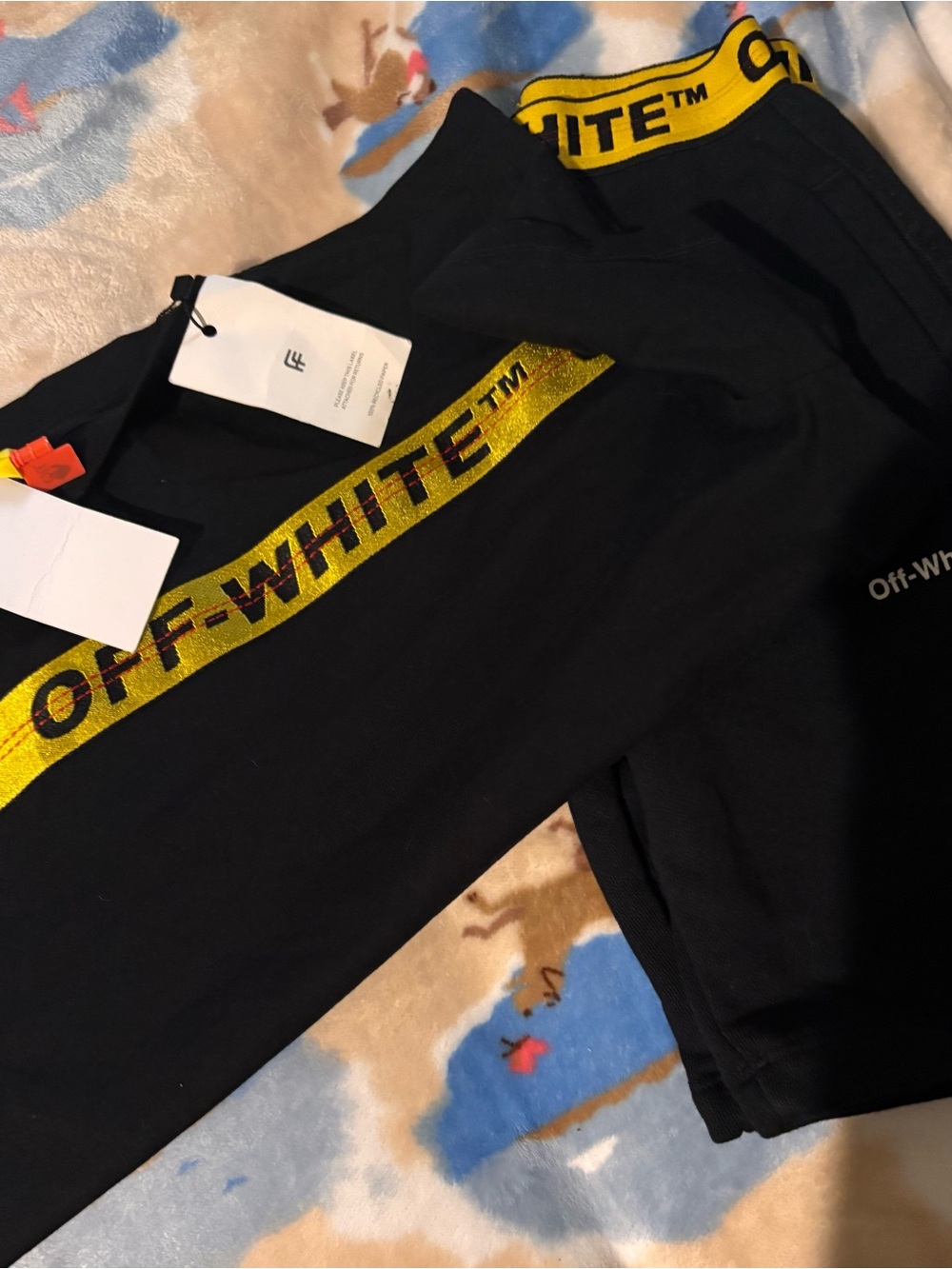 Kids Off-White Brand Black Shorts and Shirt with Yellow Branded Tape